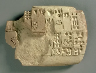 Tábla az iraki Jamdat Nasr-ból, különféle árucikkek mennyiségét sorolja fel archaikus sumér nyelven (korai ékírással), ie 3200-3000 körül (agyag)